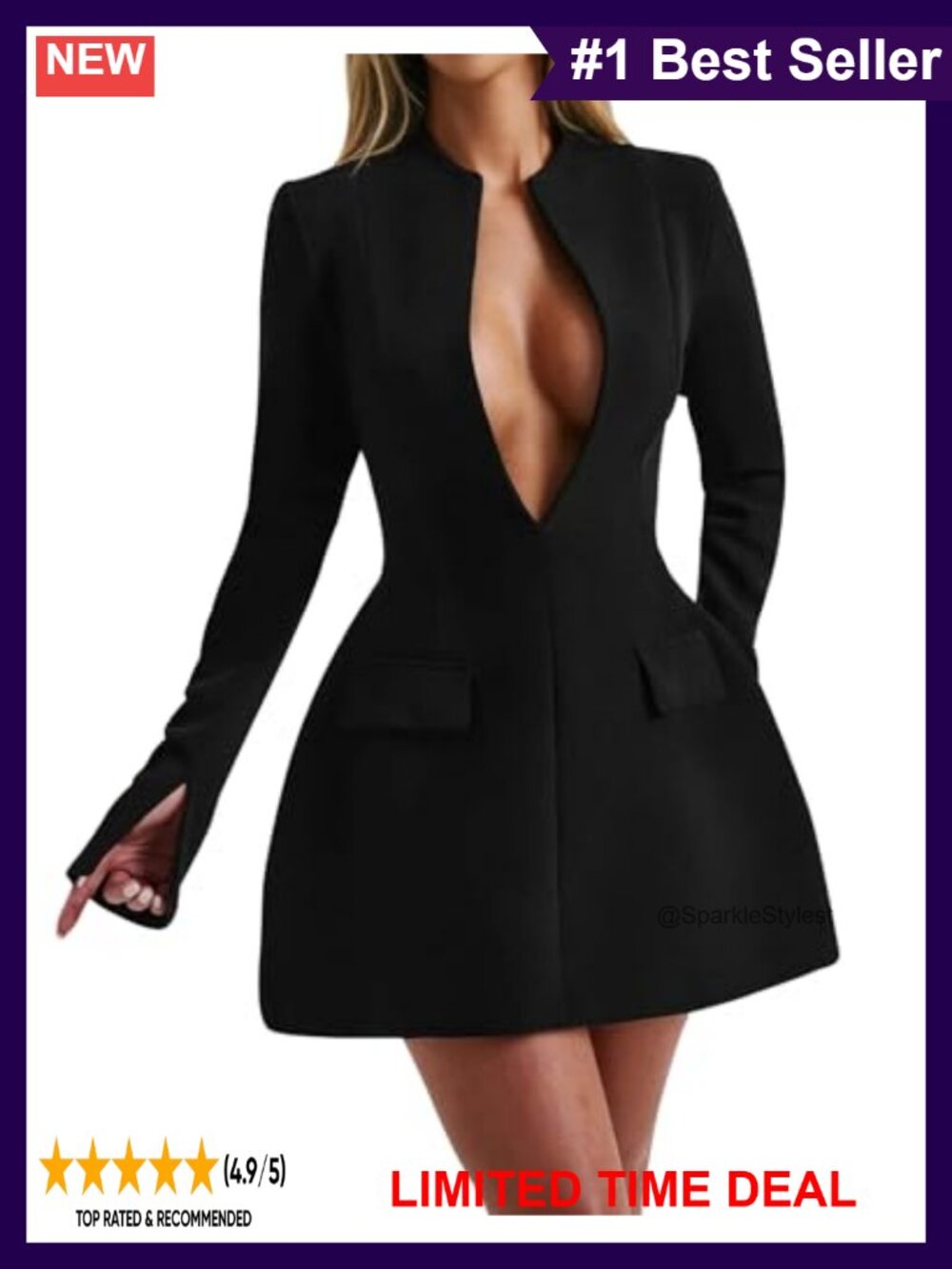 Women's Long Sleeve Deep V Neck Zipper A-line Mini Dress Bodycon Night Out Party